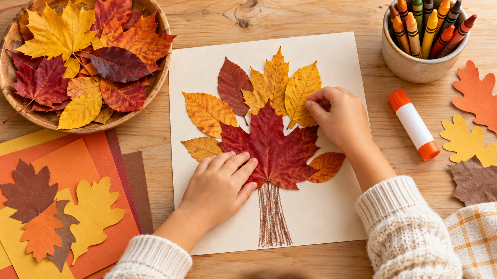 Child making a colorful autumn leaf collage at a craft table